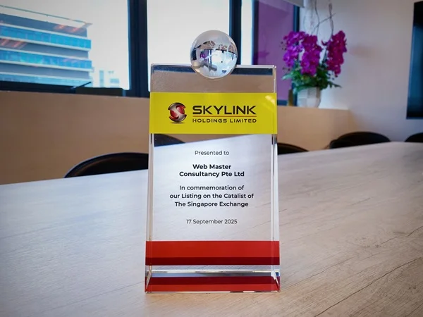 Commemorative plaque presented to Web Master in appreciation of its role as strategic IT partner in the listing of Skylink Holdings Limited on the Catalist of the Singapore Exchange on 17 September 2025.